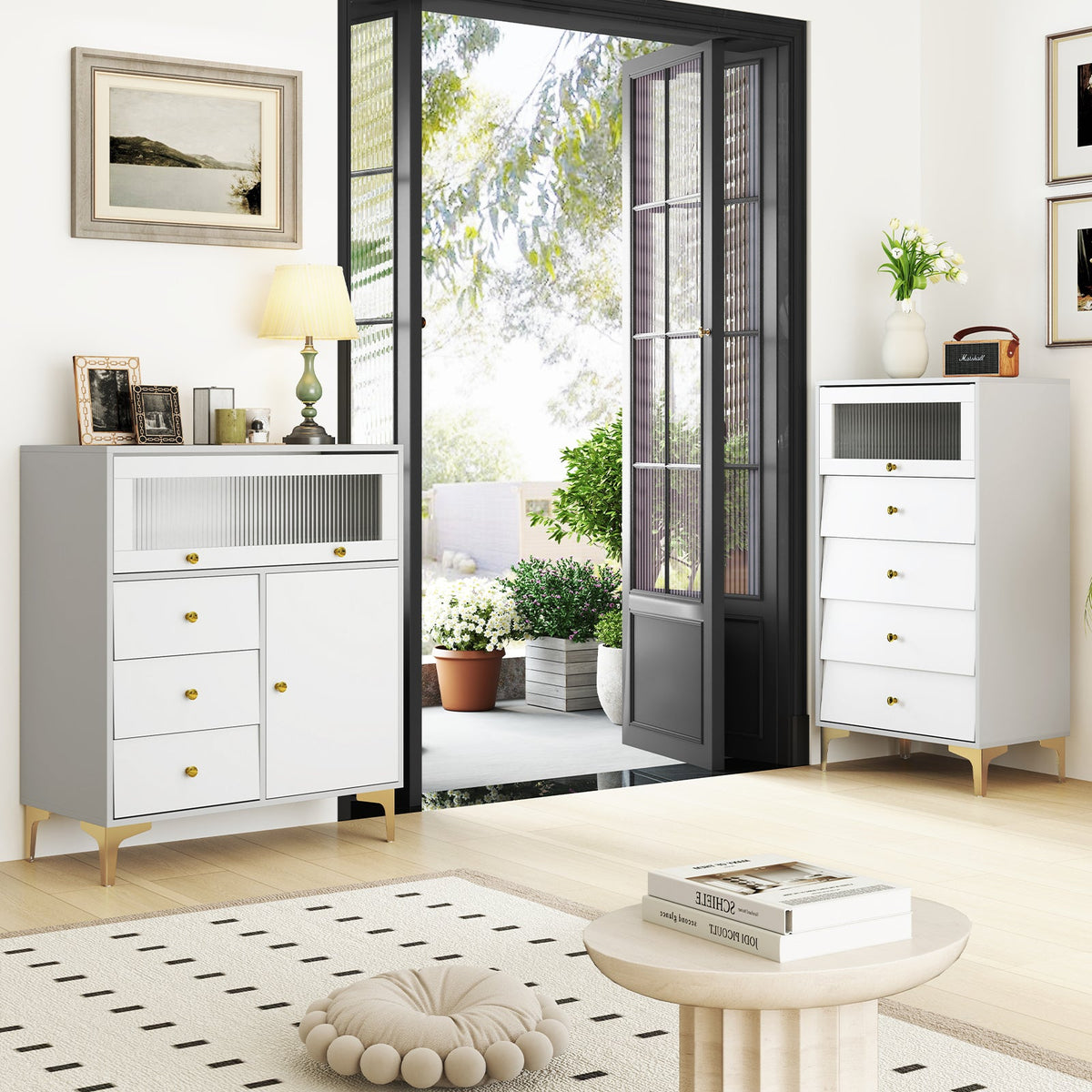 Chest of Drawers with Flip Up Fluted Glass Door and Pull-out Drawers-Grey