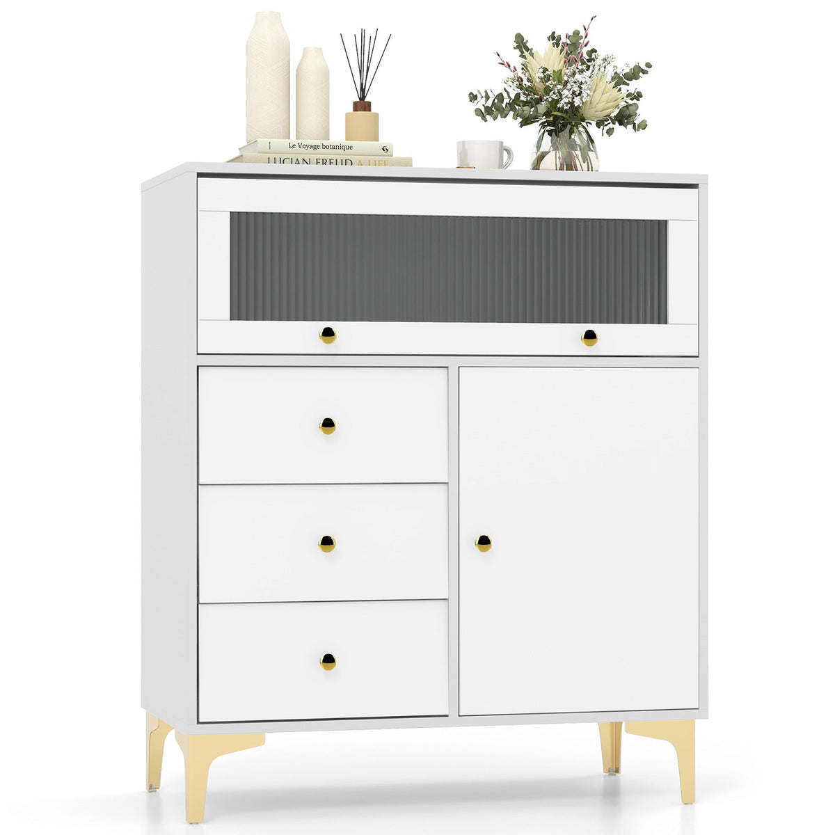 Chest of Drawers with Flip Up Fluted Glass Door and Pull-out Drawers-Grey