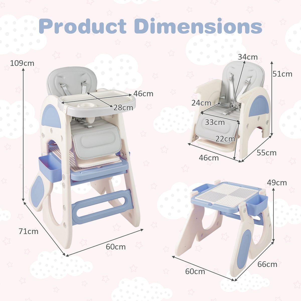 Convertible Baby High Chair with Double-layer Tray and Adjustable Backrest-Blue