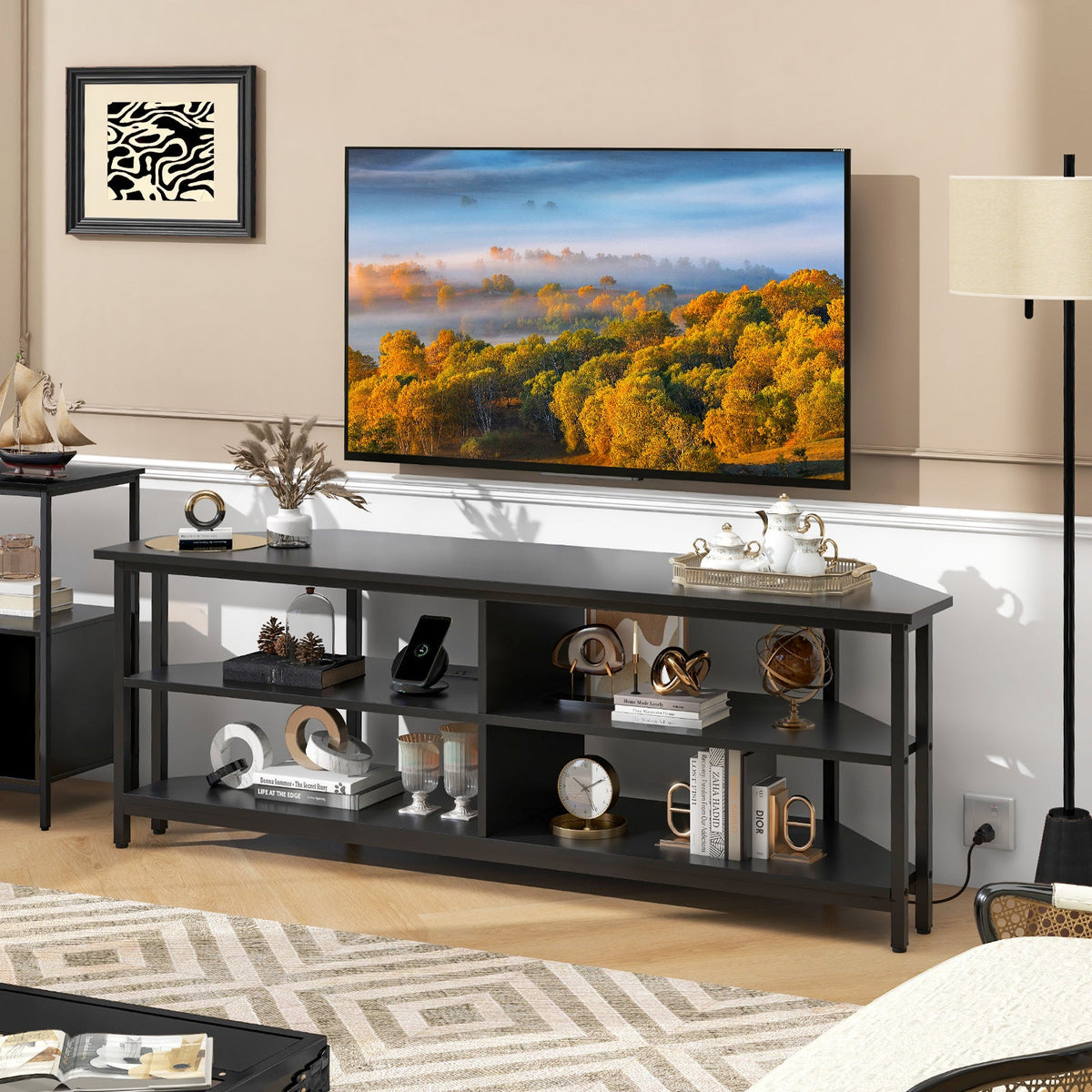 Corner TV Stand with AC Outlets and Storage Shelves-Black