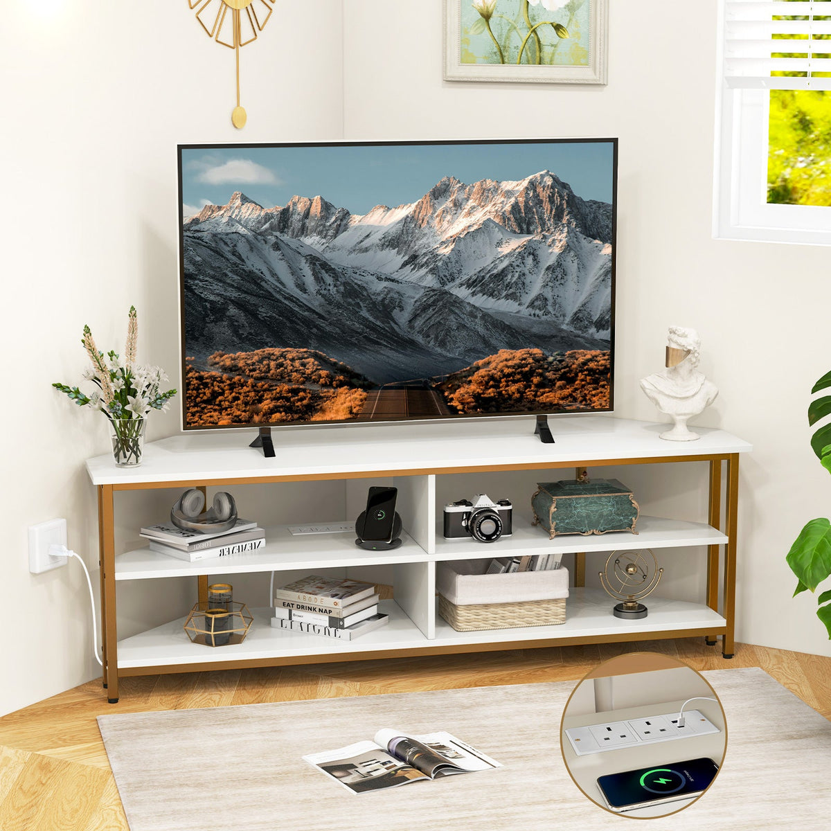 Corner TV Stand with AC Outlets and Storage Shelves-Black