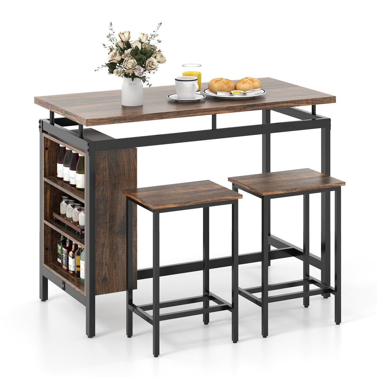 3-Piece Dining Table Set with 3-Tier Storage Shelf and Metal Frame-Coffee