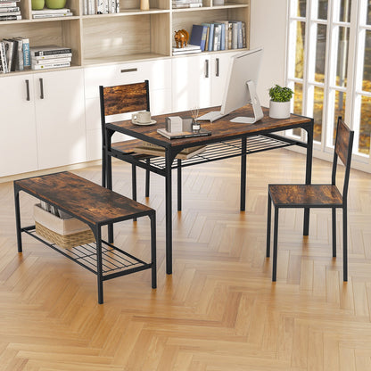 Dining Table Set for 4 with Storage Racks and Metal Frame-Grey