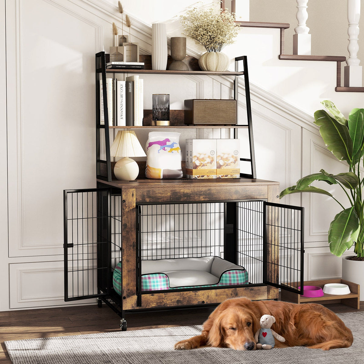 Dog Crate Furniture with 3 Lockable Doors and Flip-up Top-Coffee