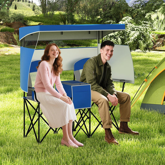 Double Beach Chair with Adjustable Canopy and Roll-up Shade-Navy