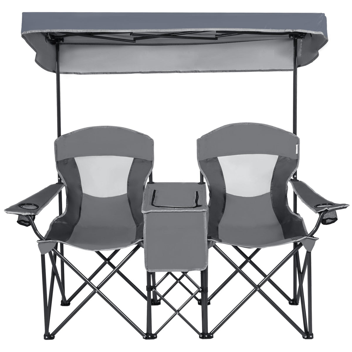 Double Folding Camping Chair with Canopy and Armrests-Blue