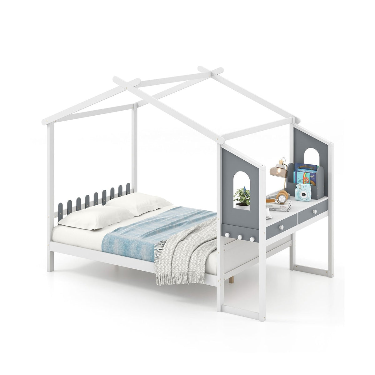 Single/Double House Bed Wood Montessori Bed Frame with Desk-Single Size