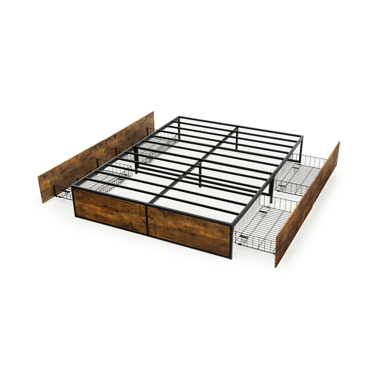 Double Metal Bed Frame with 4 Rolling Underbed Storage Drawers-190 x 135 x 33 cm