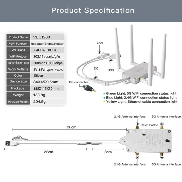 VONETS VBG1200 300Mbps+900Mbps Dual Band Wireless Router Repeater WIFI Base Station with 4 Antennas