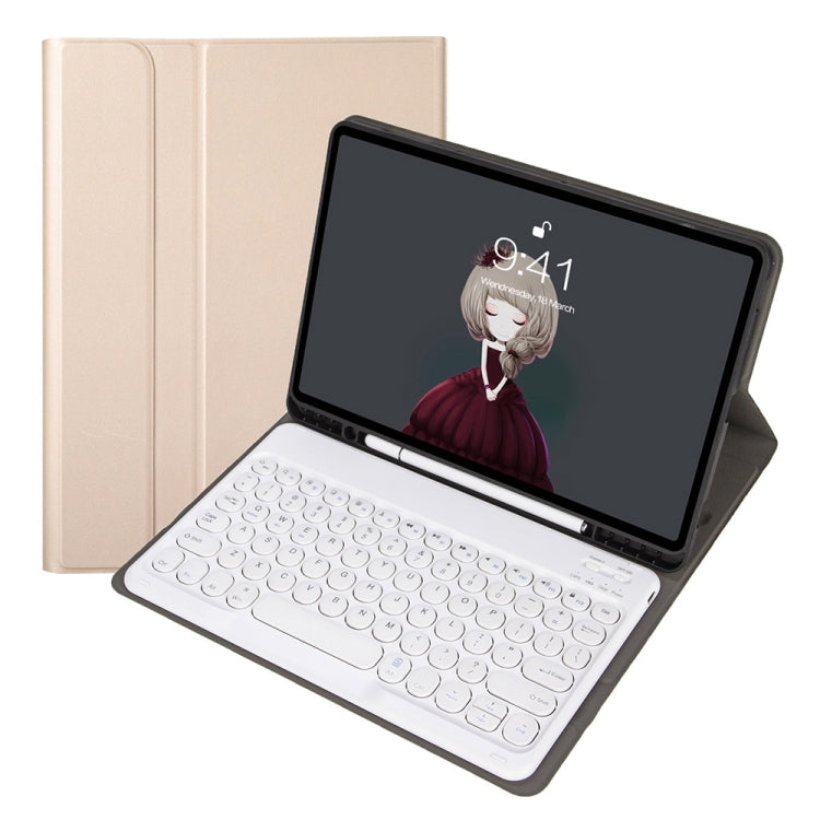 YA11B 2021 Detachable Lambskin Texture Round Keycap Bluetooth Keyboard Leather Case with Pen Slot & Stand, For iPad Pro 11 2021 / Air4 / Air5 / Pro 11