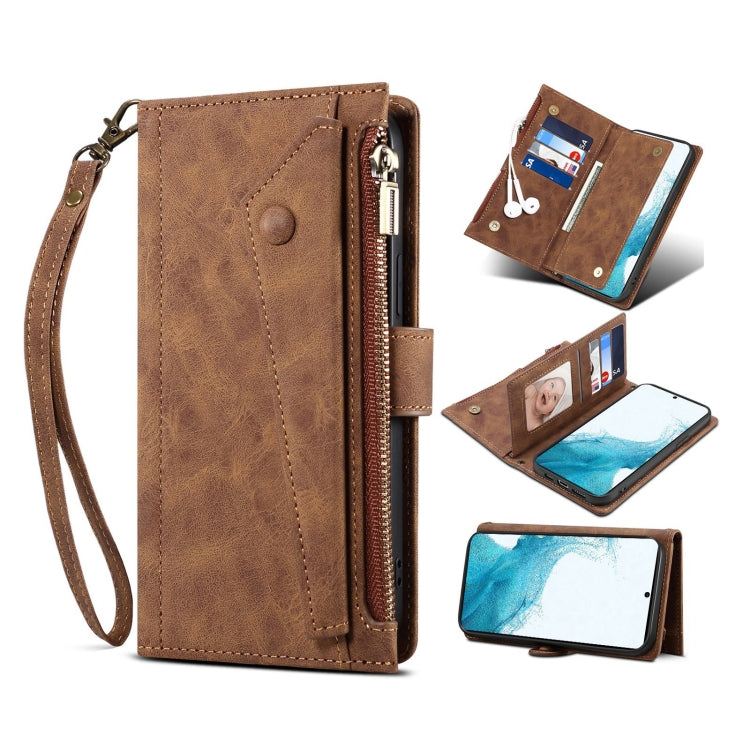Retro Frosted Horizontal Flip Leather Phone Case with Holder & Card Slot & Wallet & Zipper Pocket & Lanyard, For Samsung Galaxy S22 5G, For Samsung Galaxy S22+ 5G, For Samsung Galaxy S22 Ultra 5G
