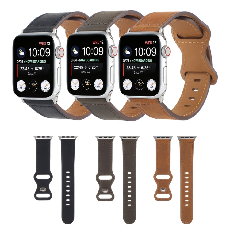 Crazy Horse Leather Butterfly Buckle Watchband For Apple Watch Series, 7 41mm / 6&SE&5&4 40mm / 3&2&1 38mm, 7 45mm / 6&SE&5&4 44mm / 3&2&1 42mm