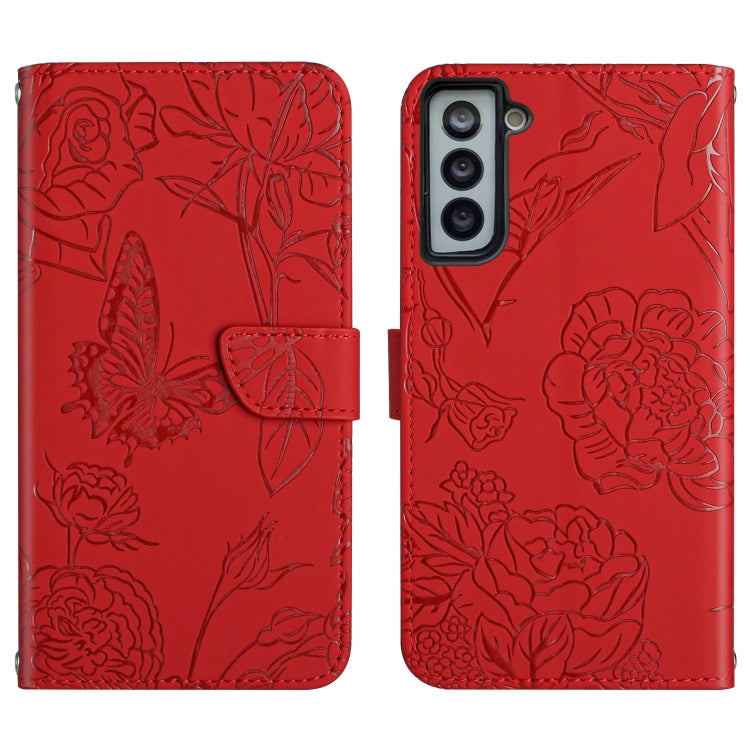 Skin Feel Butterfly Peony Embossed Leather Phone Case, For Samsung Galaxy S22+ 5G, For Samsung Galaxy S22 Ultra 5G