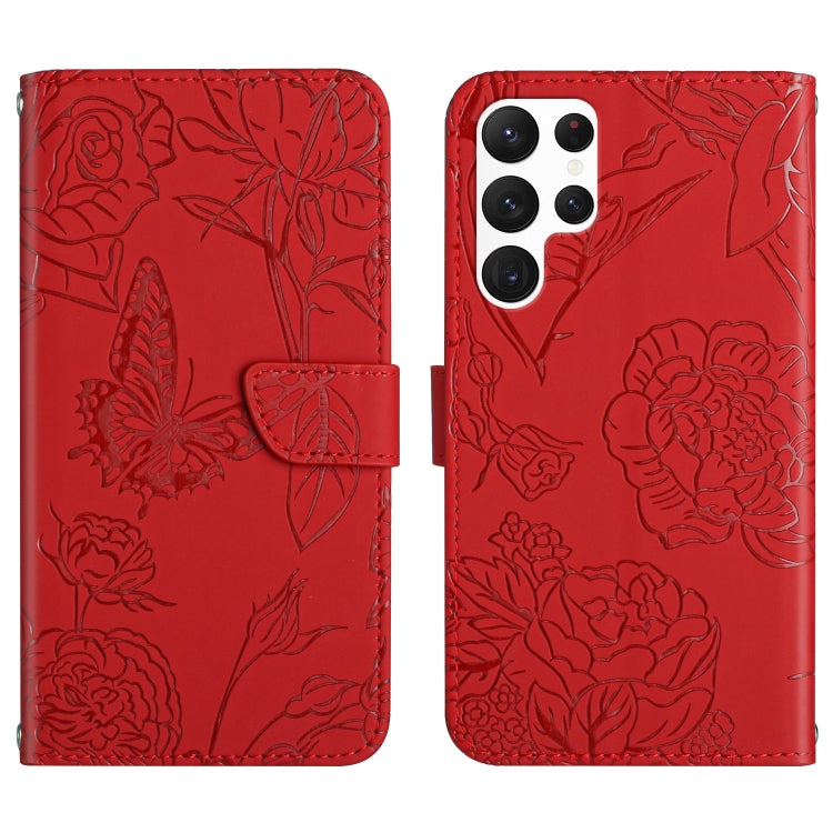 Skin Feel Butterfly Peony Embossed Leather Phone Case, For Samsung Galaxy S22+ 5G, For Samsung Galaxy S22 Ultra 5G