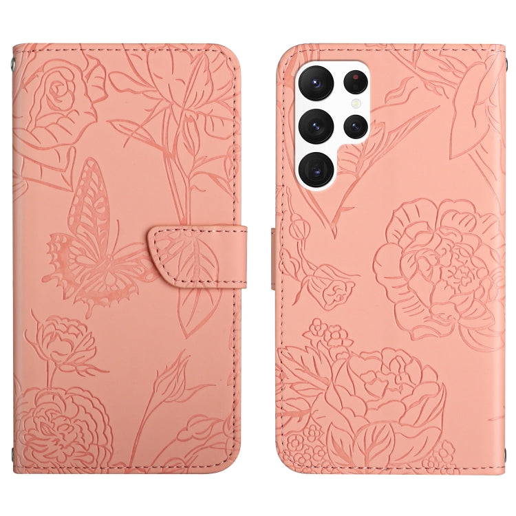 Skin Feel Butterfly Peony Embossed Leather Phone Case, For Samsung Galaxy S22+ 5G, For Samsung Galaxy S22 Ultra 5G