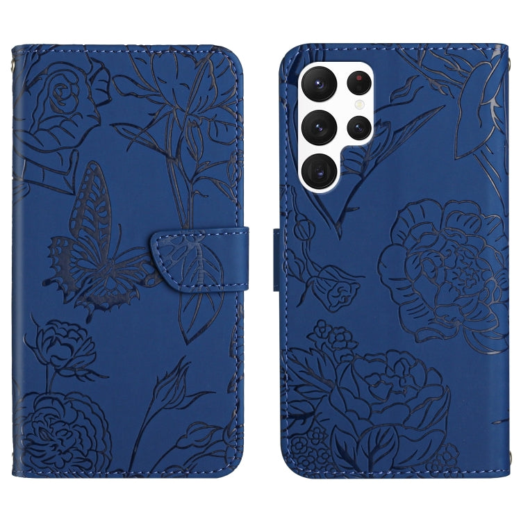 Skin Feel Butterfly Peony Embossed Leather Phone Case, For Samsung Galaxy S22+ 5G, For Samsung Galaxy S22 Ultra 5G
