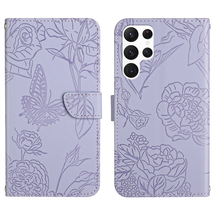 Skin Feel Butterfly Peony Embossed Leather Phone Case, For Samsung Galaxy S22+ 5G, For Samsung Galaxy S22 Ultra 5G