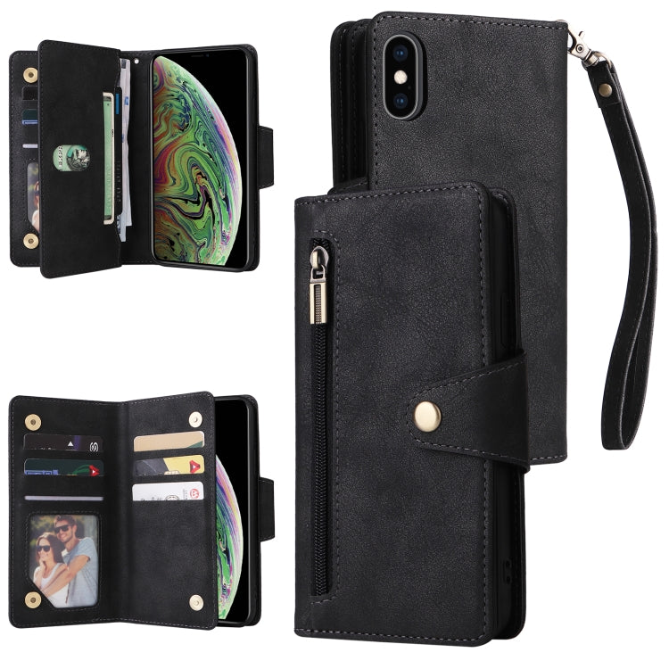 Rivet Buckle 9 Cards Three Fold Leather Phone Case, For iPhone X/XS, For iPhone XR, For iPhone XS Max, For iPhone 11 Pro Max
