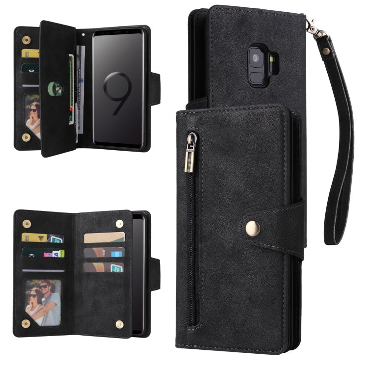 Rivet Buckle 9 Cards Three Fold Leather Phone Case, For Samsung Galaxy S9, For Samsung Galaxy S9+, For Samsung Galaxy S10, For Samsung Galaxy S10 Lite 2020