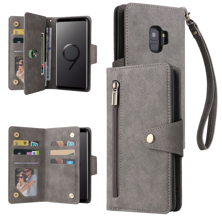 Rivet Buckle 9 Cards Three Fold Leather Phone Case, For Samsung Galaxy S9, For Samsung Galaxy S9+, For Samsung Galaxy S10, For Samsung Galaxy S10 Lite 2020