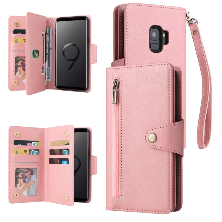Rivet Buckle 9 Cards Three Fold Leather Phone Case, For Samsung Galaxy S9, For Samsung Galaxy S9+, For Samsung Galaxy S10, For Samsung Galaxy S10 Lite 2020