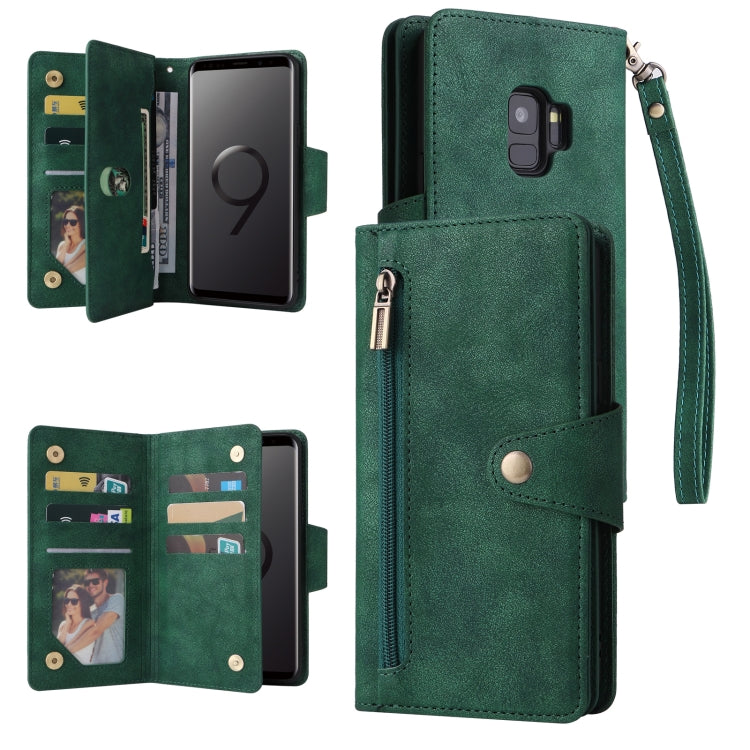 Rivet Buckle 9 Cards Three Fold Leather Phone Case, For Samsung Galaxy S9, For Samsung Galaxy S9+, For Samsung Galaxy S10, For Samsung Galaxy S10 Lite 2020