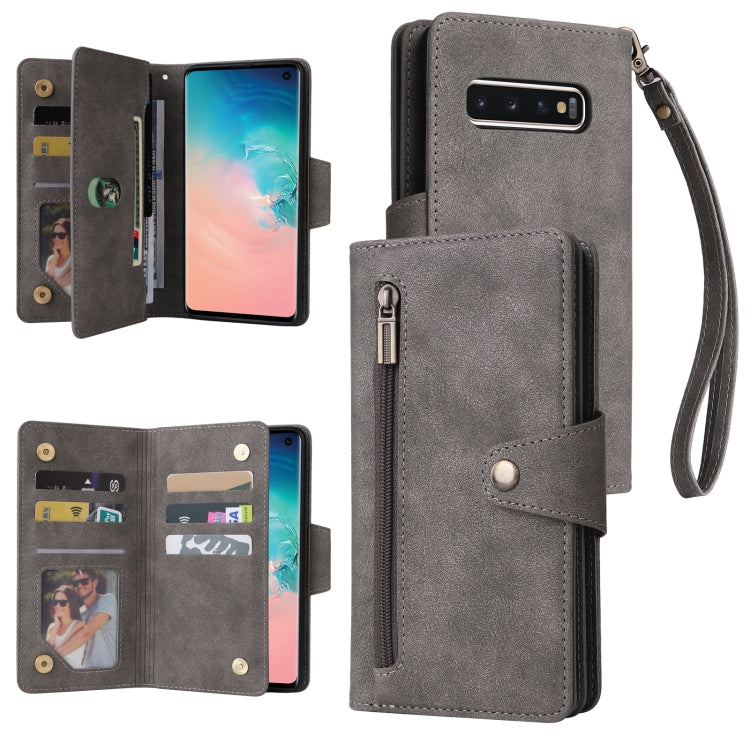 Rivet Buckle 9 Cards Three Fold Leather Phone Case, For Samsung Galaxy S9, For Samsung Galaxy S9+, For Samsung Galaxy S10, For Samsung Galaxy S10 Lite 2020