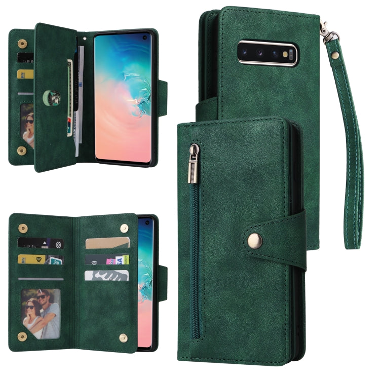 Rivet Buckle 9 Cards Three Fold Leather Phone Case, For Samsung Galaxy S9, For Samsung Galaxy S9+, For Samsung Galaxy S10, For Samsung Galaxy S10 Lite 2020