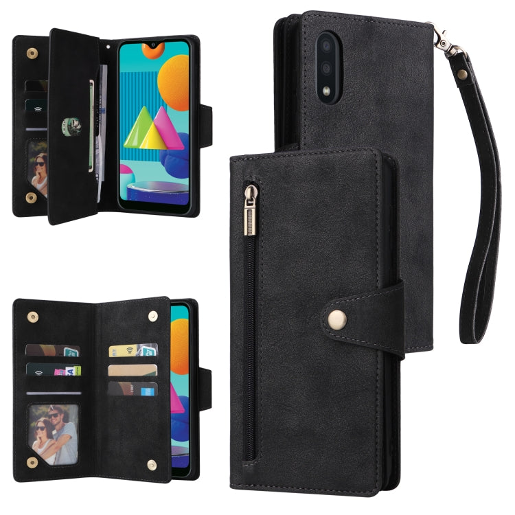 Rivet Buckle 9 Cards Three Fold Leather Phone Case, For Samsung Galaxy A02, For Samsung Galaxy A03S 166mm, For Samsung Galaxy A10, For Samsung Galaxy A10s
