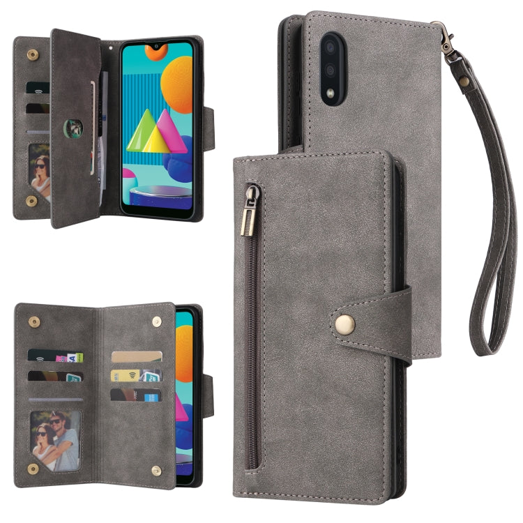 Rivet Buckle 9 Cards Three Fold Leather Phone Case, For Samsung Galaxy A02, For Samsung Galaxy A03S 166mm, For Samsung Galaxy A10, For Samsung Galaxy A10s