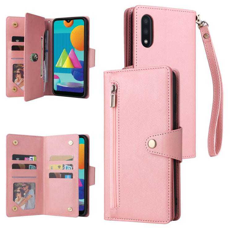 Rivet Buckle 9 Cards Three Fold Leather Phone Case, For Samsung Galaxy A02, For Samsung Galaxy A03S 166mm, For Samsung Galaxy A10, For Samsung Galaxy A10s