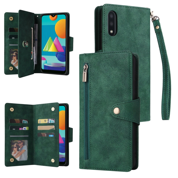 Rivet Buckle 9 Cards Three Fold Leather Phone Case, For Samsung Galaxy A02, For Samsung Galaxy A03S 166mm, For Samsung Galaxy A10, For Samsung Galaxy A10s
