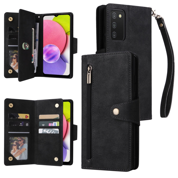 Rivet Buckle 9 Cards Three Fold Leather Phone Case, For Samsung Galaxy A02, For Samsung Galaxy A03S 166mm, For Samsung Galaxy A10, For Samsung Galaxy A10s