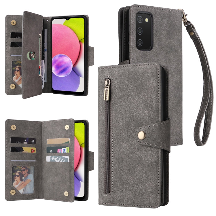 Rivet Buckle 9 Cards Three Fold Leather Phone Case, For Samsung Galaxy A02, For Samsung Galaxy A03S 166mm, For Samsung Galaxy A10, For Samsung Galaxy A10s