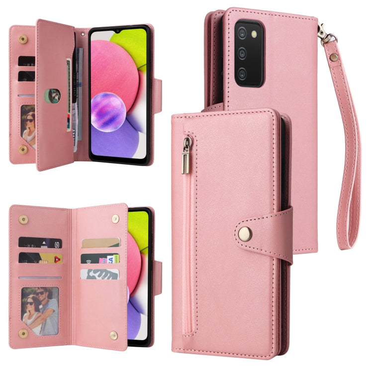 Rivet Buckle 9 Cards Three Fold Leather Phone Case, For Samsung Galaxy A02, For Samsung Galaxy A03S 166mm, For Samsung Galaxy A10, For Samsung Galaxy A10s