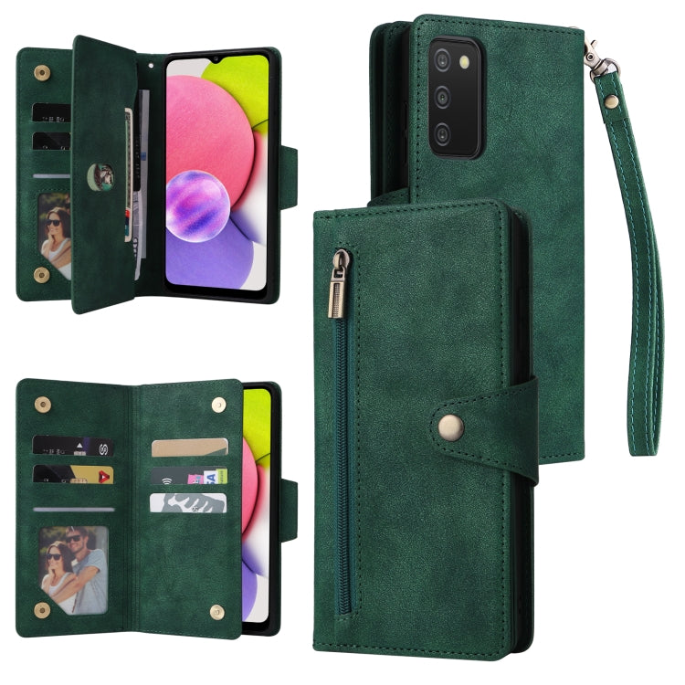 Rivet Buckle 9 Cards Three Fold Leather Phone Case, For Samsung Galaxy A02, For Samsung Galaxy A03S 166mm, For Samsung Galaxy A10, For Samsung Galaxy A10s