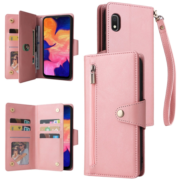 Rivet Buckle 9 Cards Three Fold Leather Phone Case, For Samsung Galaxy A02, For Samsung Galaxy A03S 166mm, For Samsung Galaxy A10, For Samsung Galaxy A10s