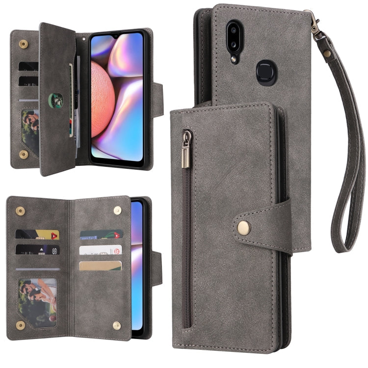 Rivet Buckle 9 Cards Three Fold Leather Phone Case, For Samsung Galaxy A02, For Samsung Galaxy A03S 166mm, For Samsung Galaxy A10, For Samsung Galaxy A10s