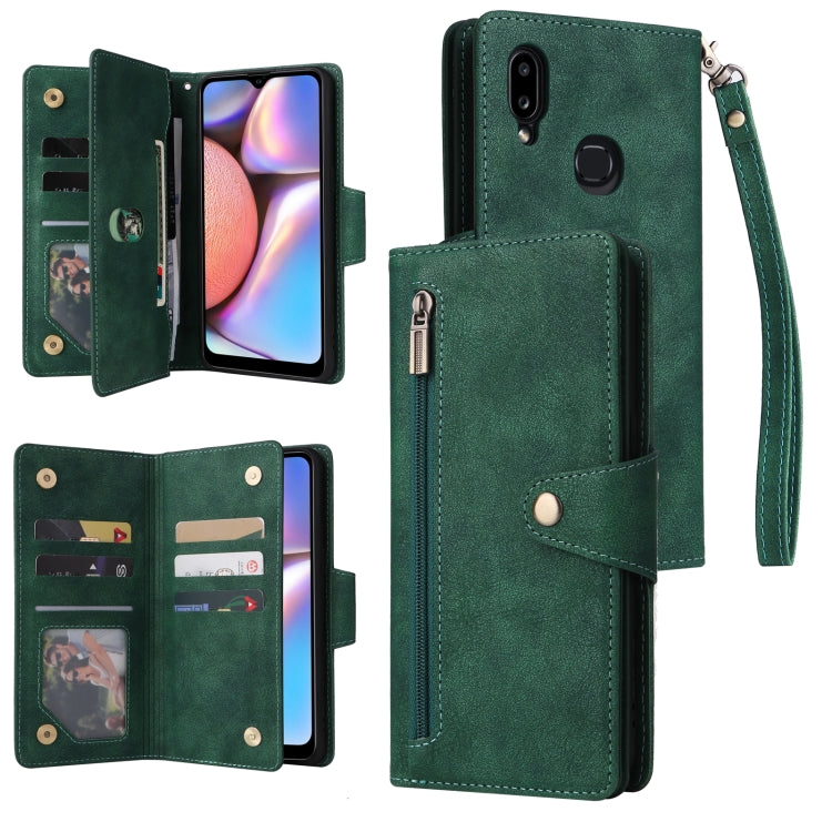 Rivet Buckle 9 Cards Three Fold Leather Phone Case, For Samsung Galaxy A02, For Samsung Galaxy A03S 166mm, For Samsung Galaxy A10, For Samsung Galaxy A10s