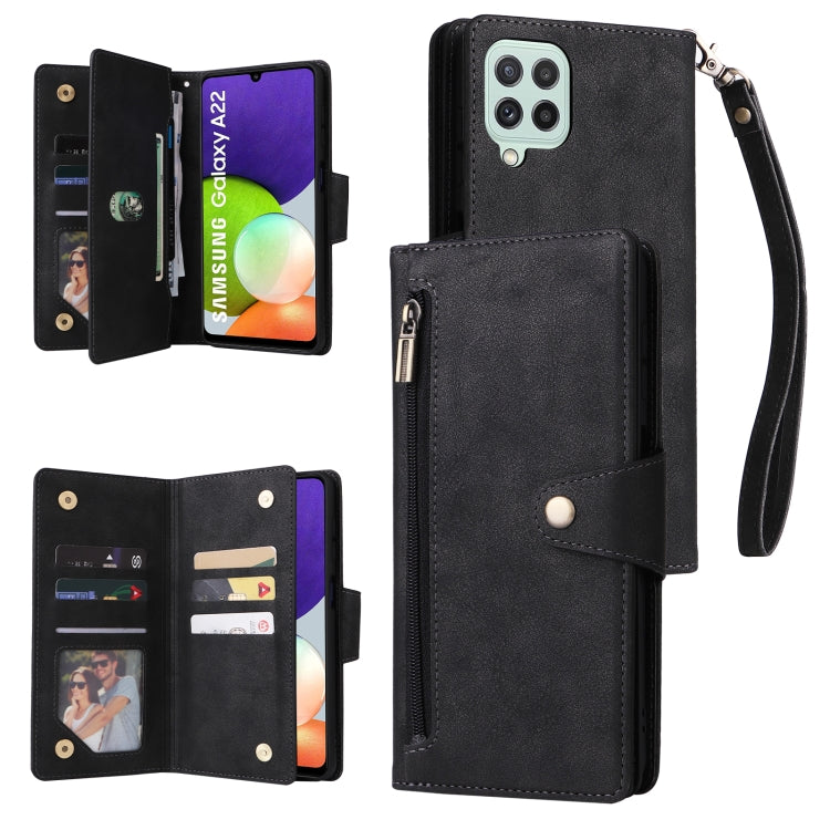 Rivet Buckle 9 Cards Three Fold Leather Phone Case, For Samsung Galaxy A22 4G, For Samsung Galaxy A22 5G, For Samsung Galaxy A32 4G, For Samsung Galaxy A32 5G