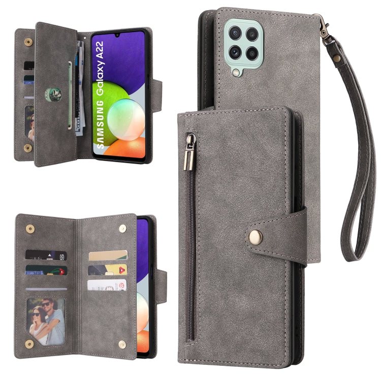 Rivet Buckle 9 Cards Three Fold Leather Phone Case, For Samsung Galaxy A22 4G, For Samsung Galaxy A22 5G, For Samsung Galaxy A32 4G, For Samsung Galaxy A32 5G