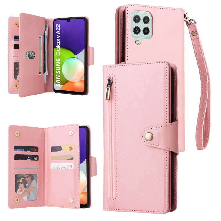 Rivet Buckle 9 Cards Three Fold Leather Phone Case, For Samsung Galaxy A22 4G, For Samsung Galaxy A22 5G, For Samsung Galaxy A32 4G, For Samsung Galaxy A32 5G