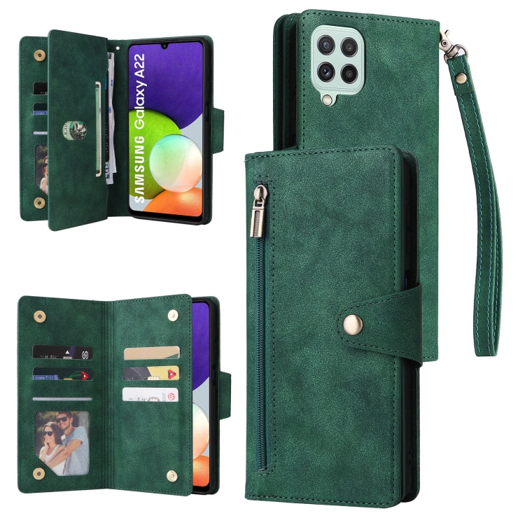 Rivet Buckle 9 Cards Three Fold Leather Phone Case, For Samsung Galaxy A22 4G, For Samsung Galaxy A22 5G, For Samsung Galaxy A32 4G, For Samsung Galaxy A32 5G