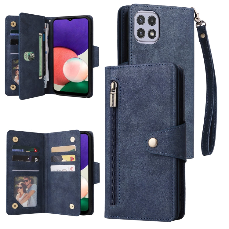 Rivet Buckle 9 Cards Three Fold Leather Phone Case, For Samsung Galaxy A22 4G, For Samsung Galaxy A22 5G, For Samsung Galaxy A32 4G, For Samsung Galaxy A32 5G
