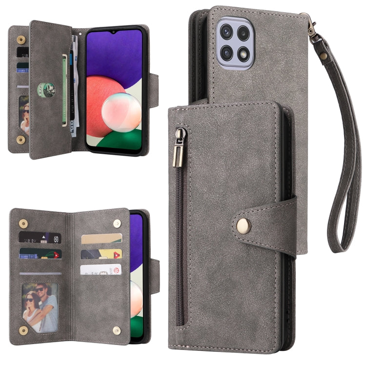 Rivet Buckle 9 Cards Three Fold Leather Phone Case, For Samsung Galaxy A22 4G, For Samsung Galaxy A22 5G, For Samsung Galaxy A32 4G, For Samsung Galaxy A32 5G