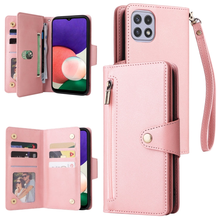 Rivet Buckle 9 Cards Three Fold Leather Phone Case, For Samsung Galaxy A22 4G, For Samsung Galaxy A22 5G, For Samsung Galaxy A32 4G, For Samsung Galaxy A32 5G