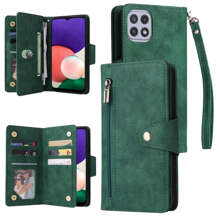 Rivet Buckle 9 Cards Three Fold Leather Phone Case, For Samsung Galaxy A22 4G, For Samsung Galaxy A22 5G, For Samsung Galaxy A32 4G, For Samsung Galaxy A32 5G
