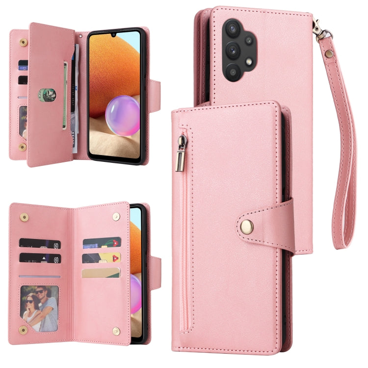 Rivet Buckle 9 Cards Three Fold Leather Phone Case, For Samsung Galaxy A22 4G, For Samsung Galaxy A22 5G, For Samsung Galaxy A32 4G, For Samsung Galaxy A32 5G