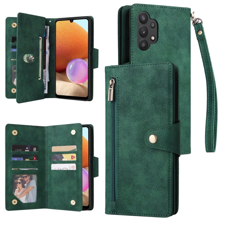 Rivet Buckle 9 Cards Three Fold Leather Phone Case, For Samsung Galaxy A22 4G, For Samsung Galaxy A22 5G, For Samsung Galaxy A32 4G, For Samsung Galaxy A32 5G