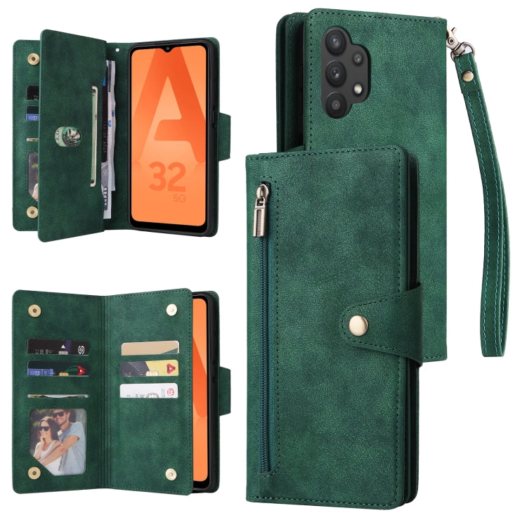 Rivet Buckle 9 Cards Three Fold Leather Phone Case, For Samsung Galaxy A22 4G, For Samsung Galaxy A22 5G, For Samsung Galaxy A32 4G, For Samsung Galaxy A32 5G